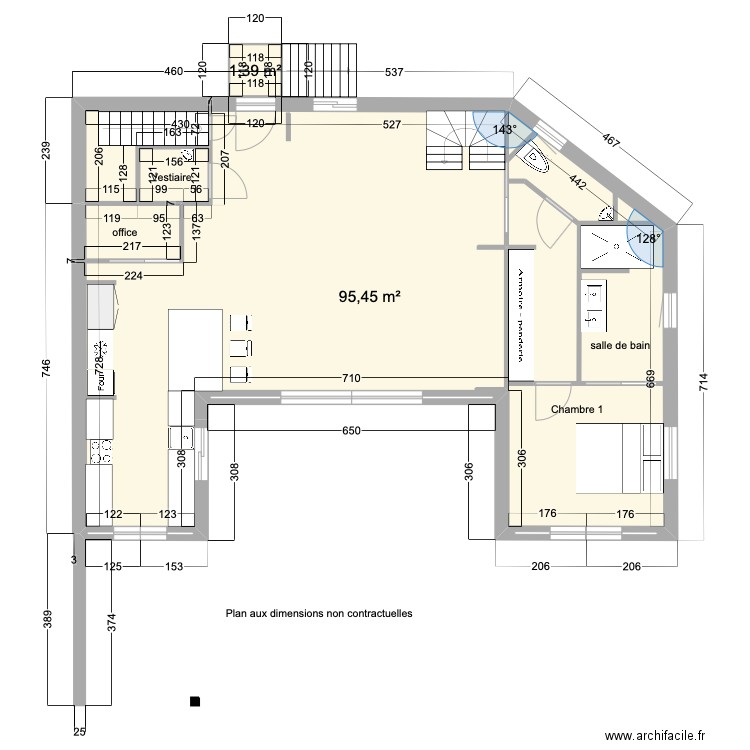 rez de chaussée. Plan de 2 pièces et 97 m2