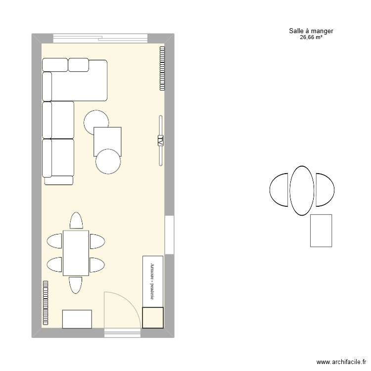 home salon. Plan de 1 pièce et 27 m2