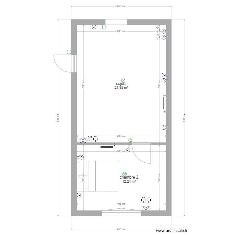 séjour chambre2. Plan de 2 pièces et 34 m2