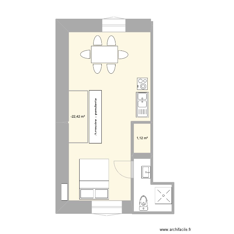 STUDIO GDE MAISON ARIANE 2 ch sur cour. Plan de 2 pièces et 3 m2