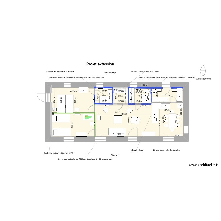 extension. fournitures ba13. Plan de 4 pièces et 91 m2