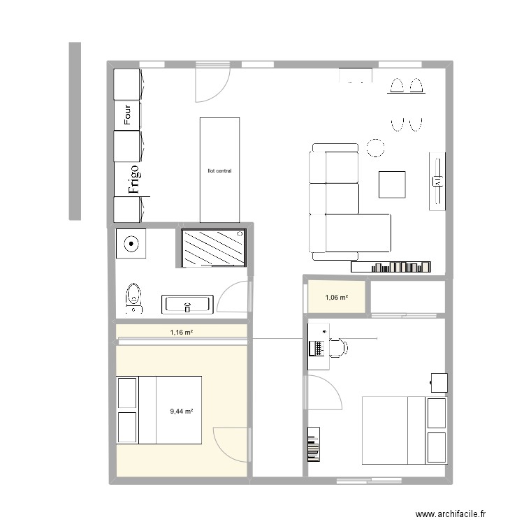 Cuisine,salon. Plan de 3 pièces et 12 m2