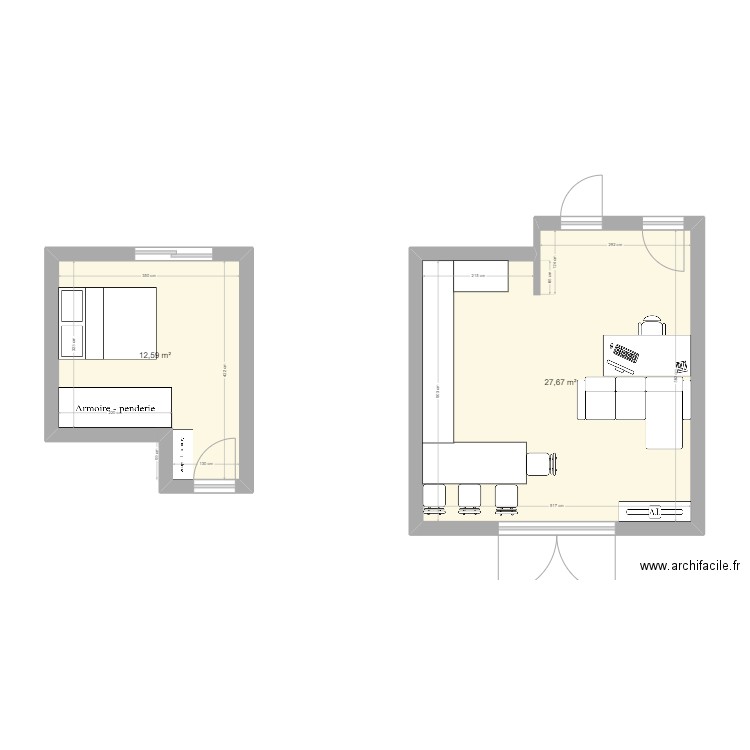 45m2 mesures. Plan de 2 pièces et 40 m2