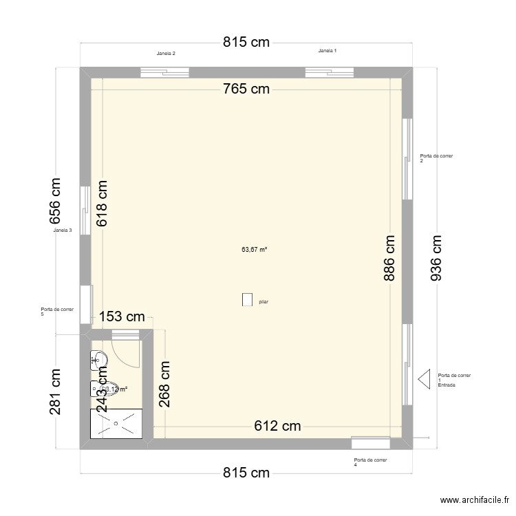 Salao do Reino Novo. Plan de 2 pièces et 67 m2