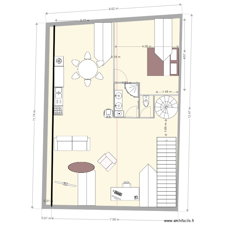 Appart sous toit. Plan de 3 pièces et 99 m2