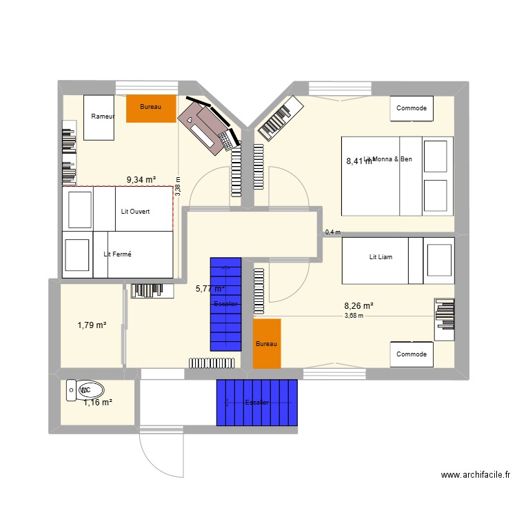 Bureau chambre ami. Plan de 6 pièces et 35 m2