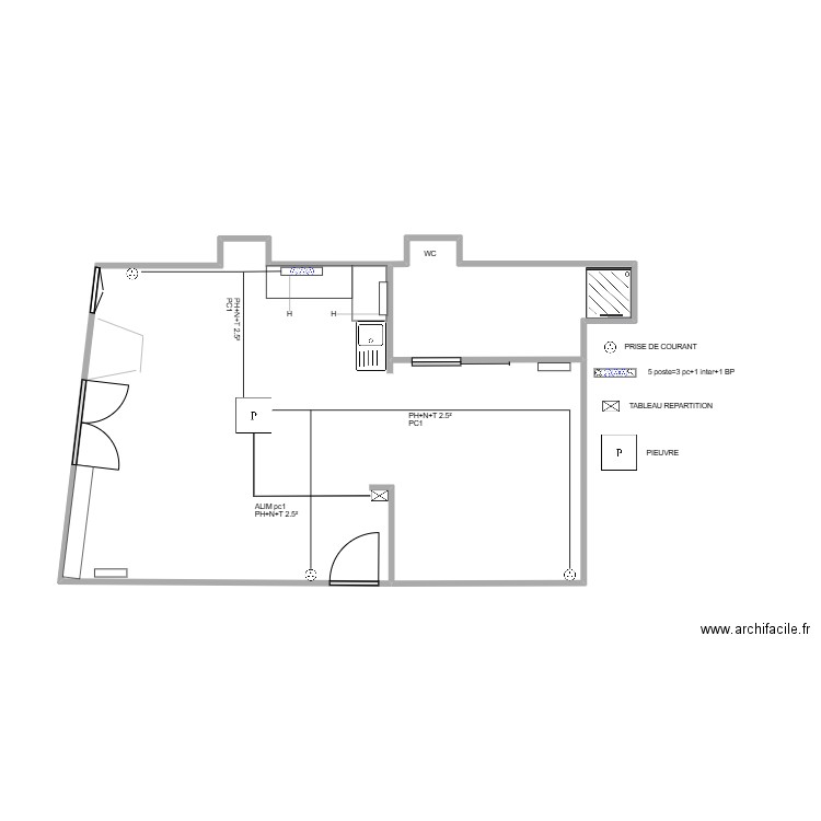 plans studio PC1. Plan de 2 pièces et 43 m2