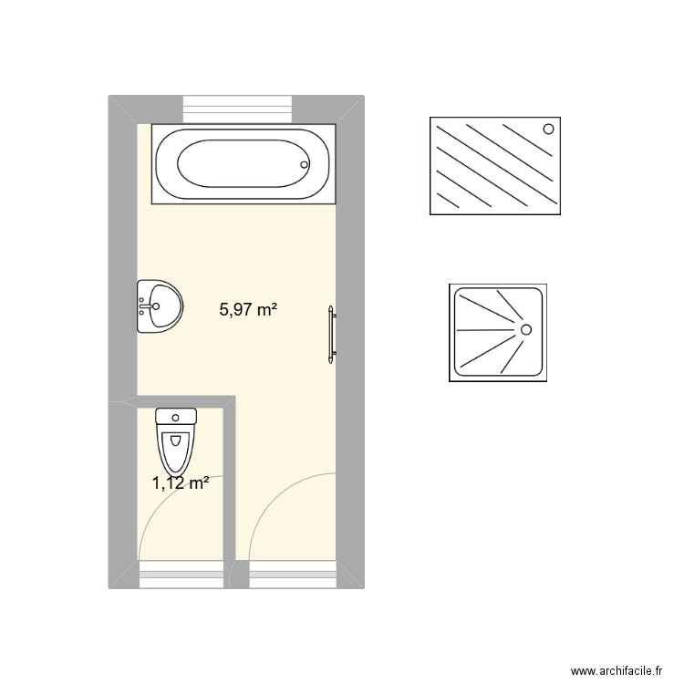 SDB. Plan de 2 pièces et 7 m2