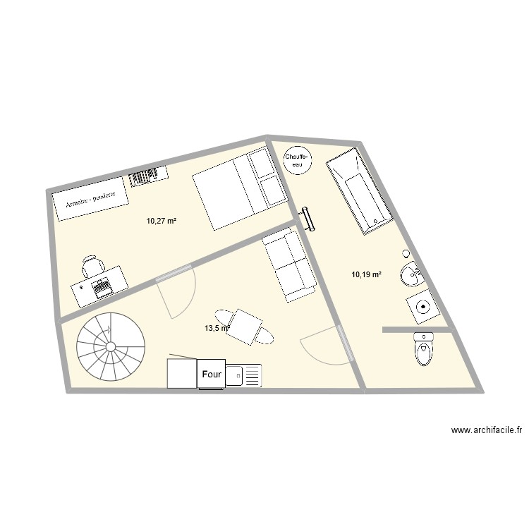 studio. Plan de 3 pièces et 34 m2