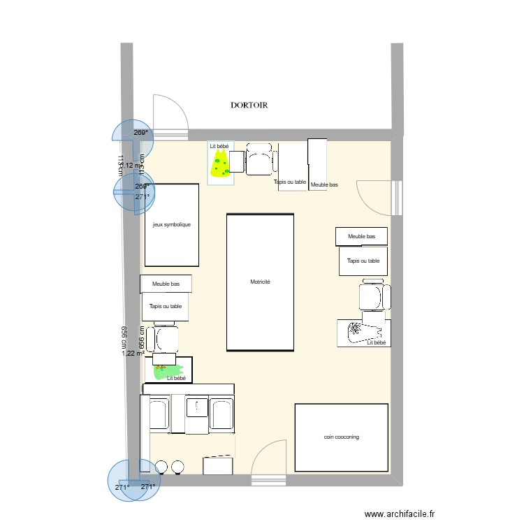 section bébés. Plan de 3 pièces et 46 m2