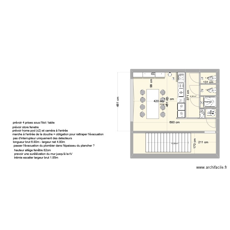 plan cuisine et wc MVO - v12. Plan de 7 pièces et 43 m2