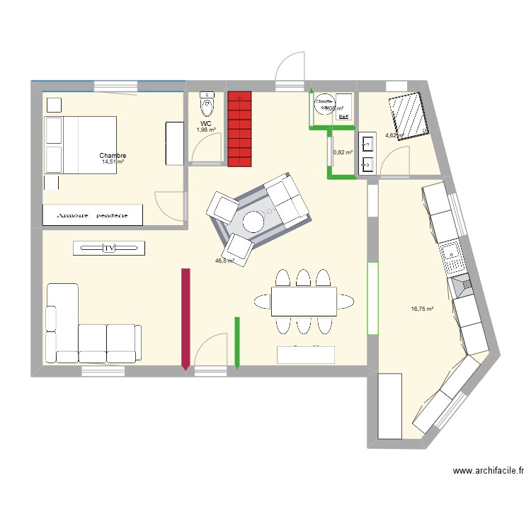 Plan Actuel. Plan de 7 pièces et 86 m2