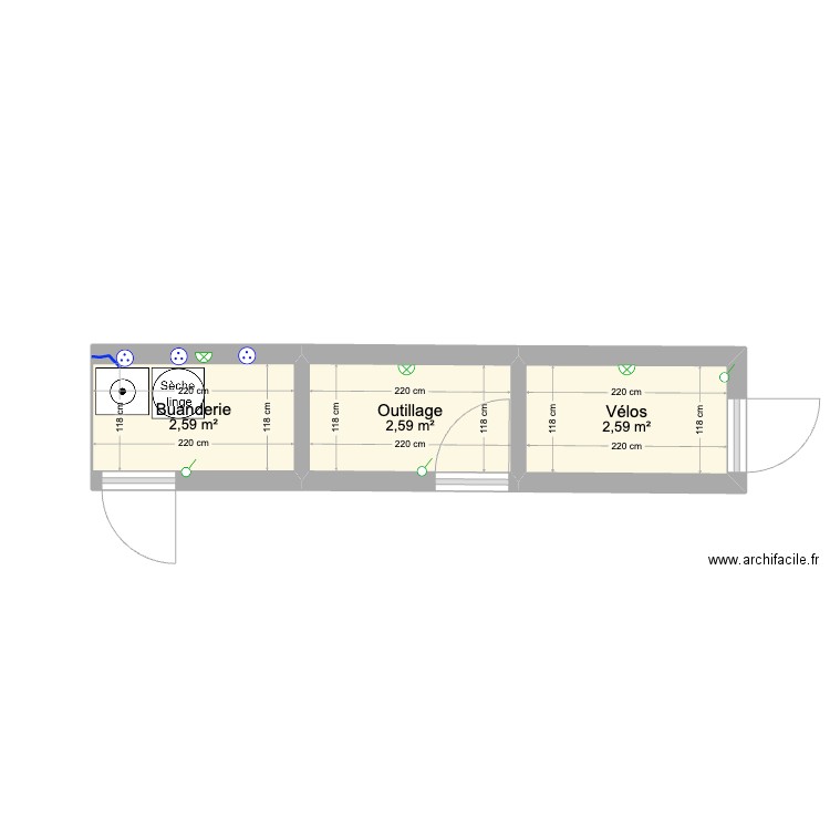 batiment. Plan de 3 pièces et 8 m2