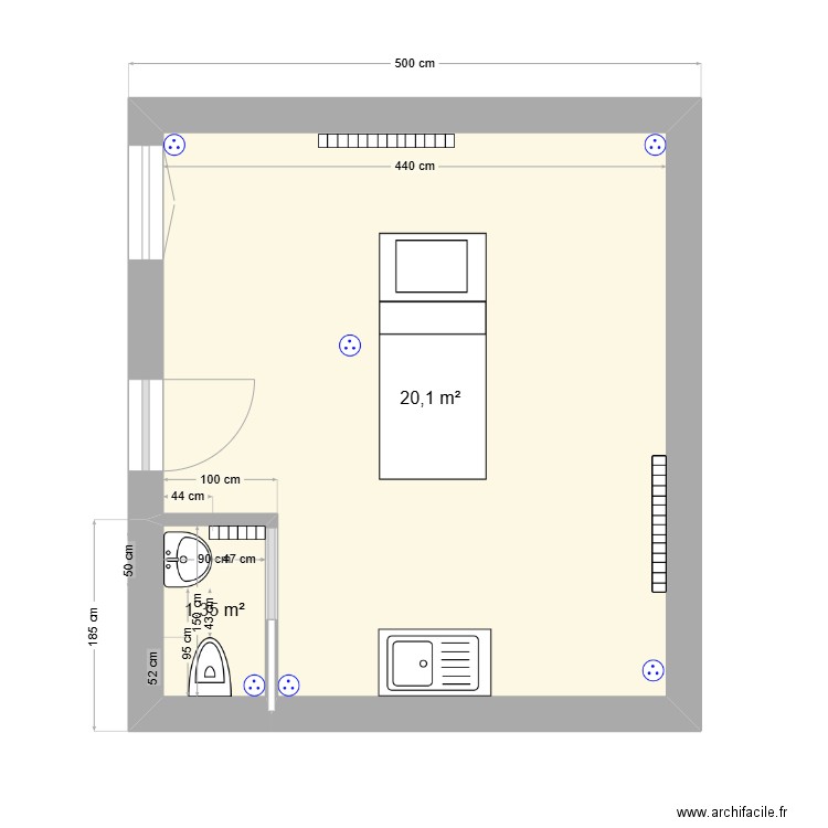 piece aline. Plan de 2 pièces et 21 m2