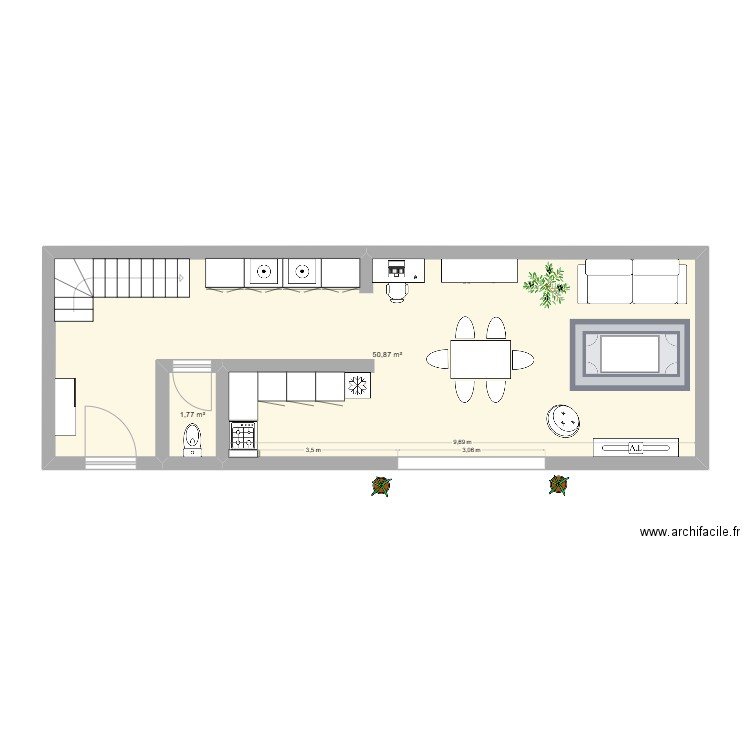 Grange Droite - Carré. Plan de 2 pièces et 53 m2