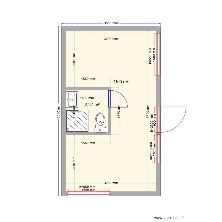 6x3,5. Plan de 2 pièces et 18 m2