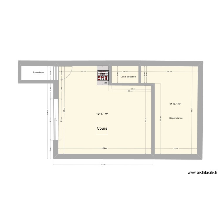 Maison cours. Plan de 2 pièces et 31 m2