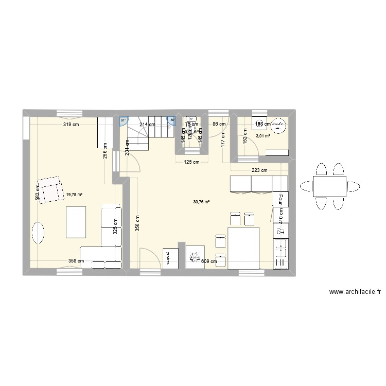 maison rdc. Plan de 4 pièces et 54 m2