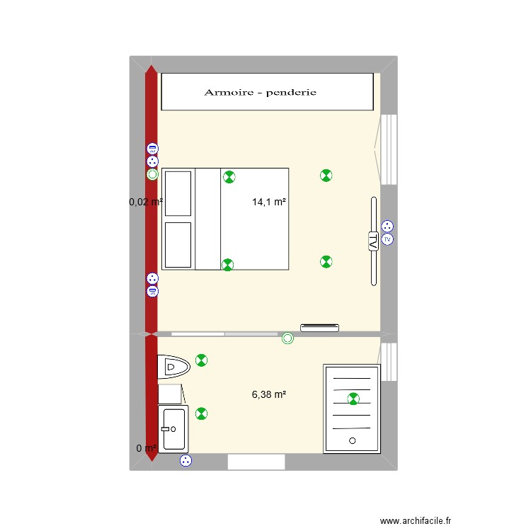 Chambre SdB. Plan de 4 pièces et 21 m2