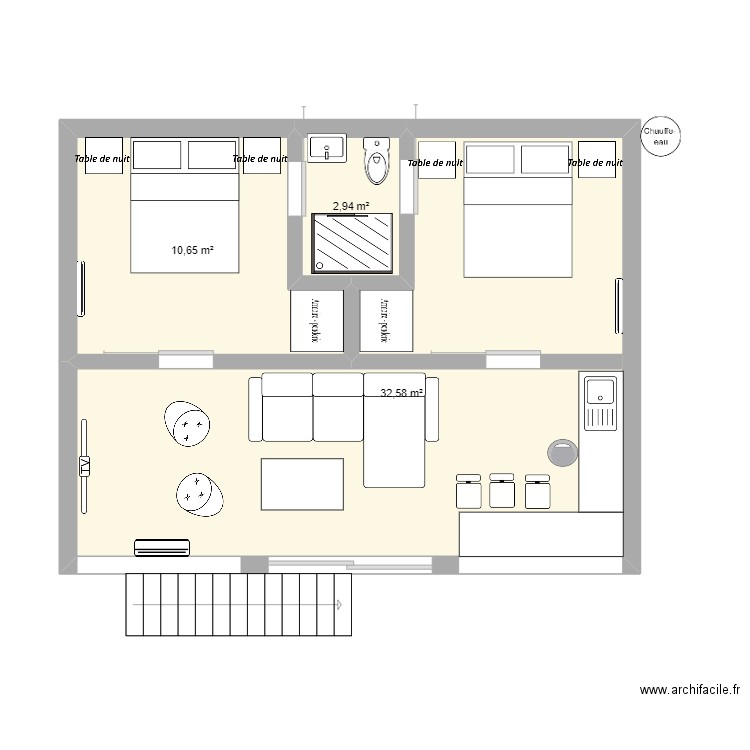 AirBnB. Plan de 3 pièces et 46 m2