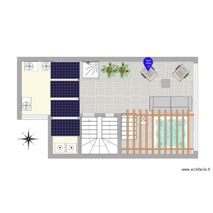 terrasse haute. Plan de 2 pièces et 47 m2