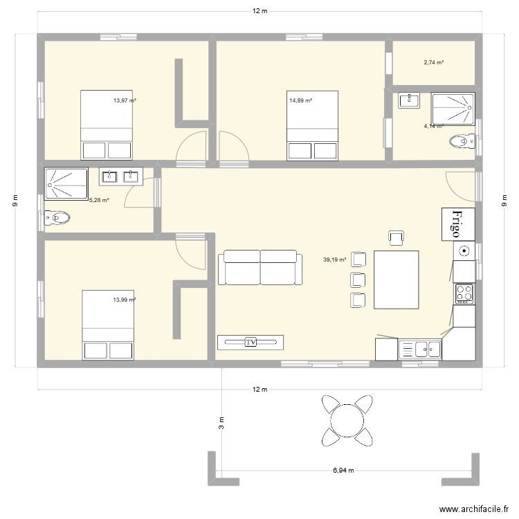 maison 100m² + terrasse 20 m² mod 1 RS. Plan de 7 pièces et 94 m2