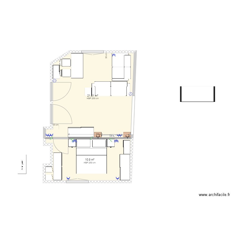 Chambre 1er. Plan de 2 pièces et 33 m2