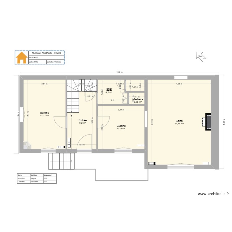 15 HA RDC. Plan de 6 pièces et 61 m2