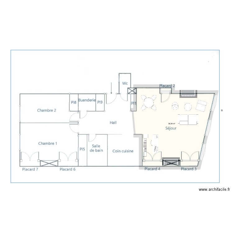 Salon. Plan de 2 pièces et 42 m2