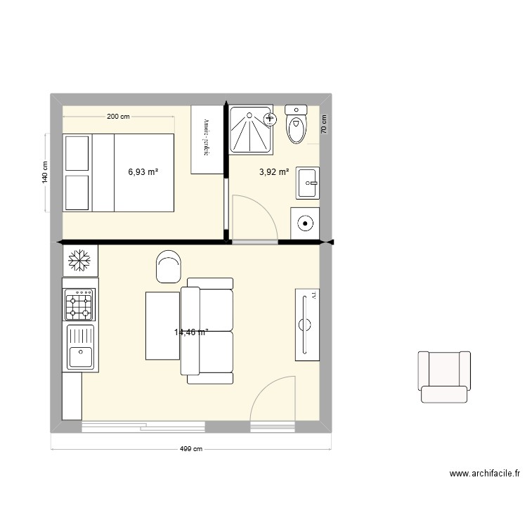 studio. Plan de 3 pièces et 25 m2