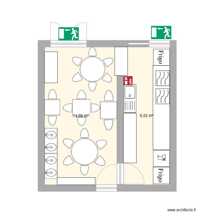 cuisine crèche Cécile. Plan de 2 pièces et 24 m2