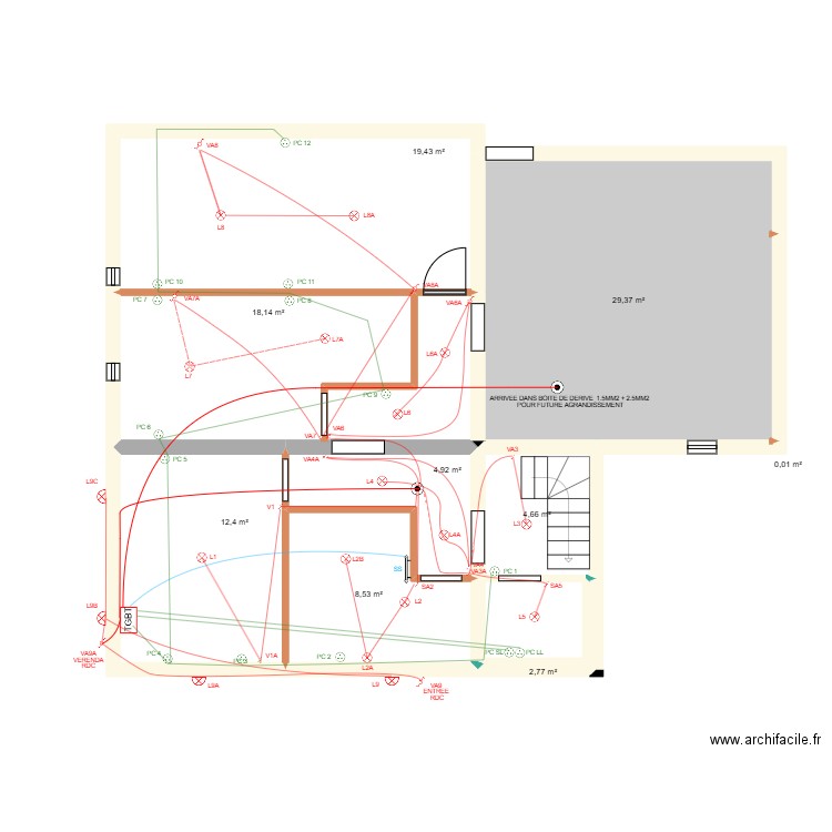 étage sonnac  electricité . Plan de 9 pièces et 100 m2