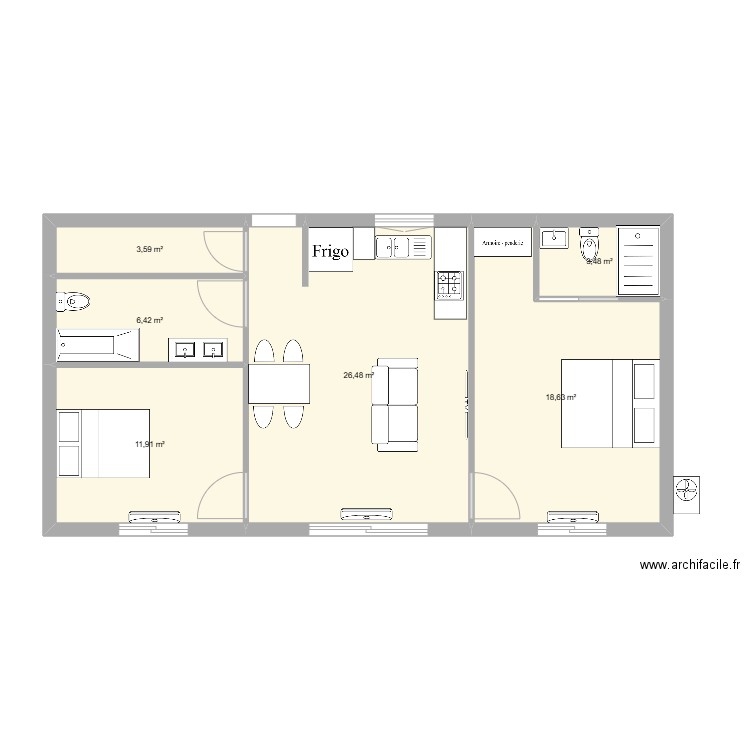 deux chambres 70m2. Plan de 6 pièces et 71 m2