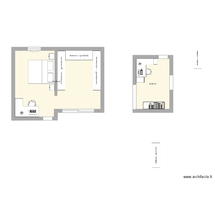 Ch RDC. Plan de 2 pièces et 40 m2