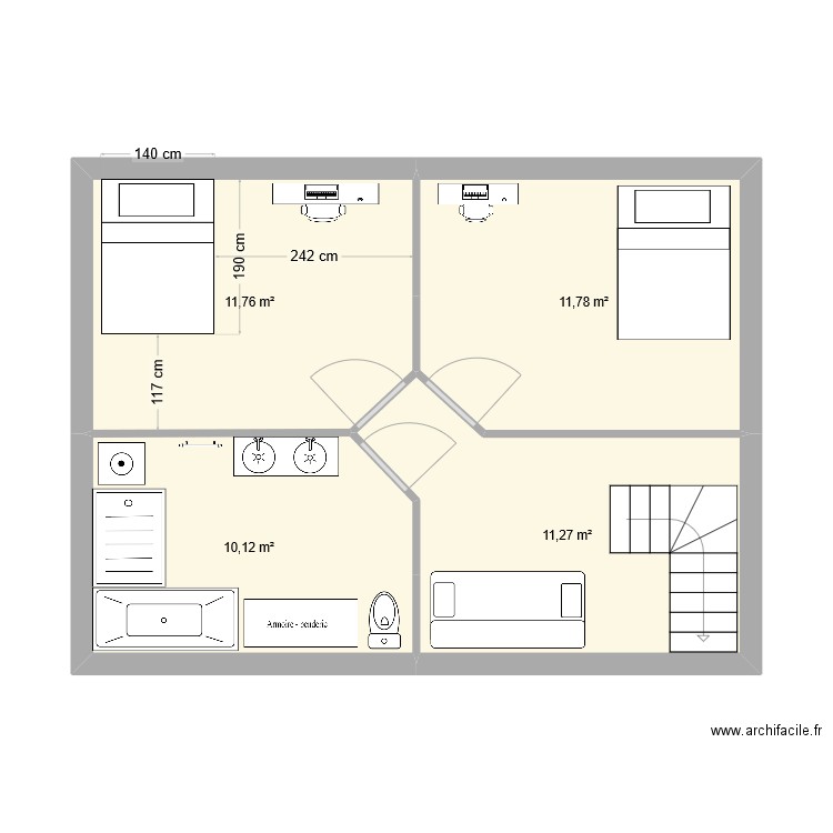 Etage. Plan de 4 pièces et 45 m2