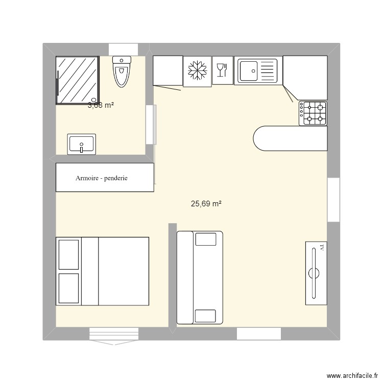 chalet jardin. Plan de 2 pièces et 29 m2