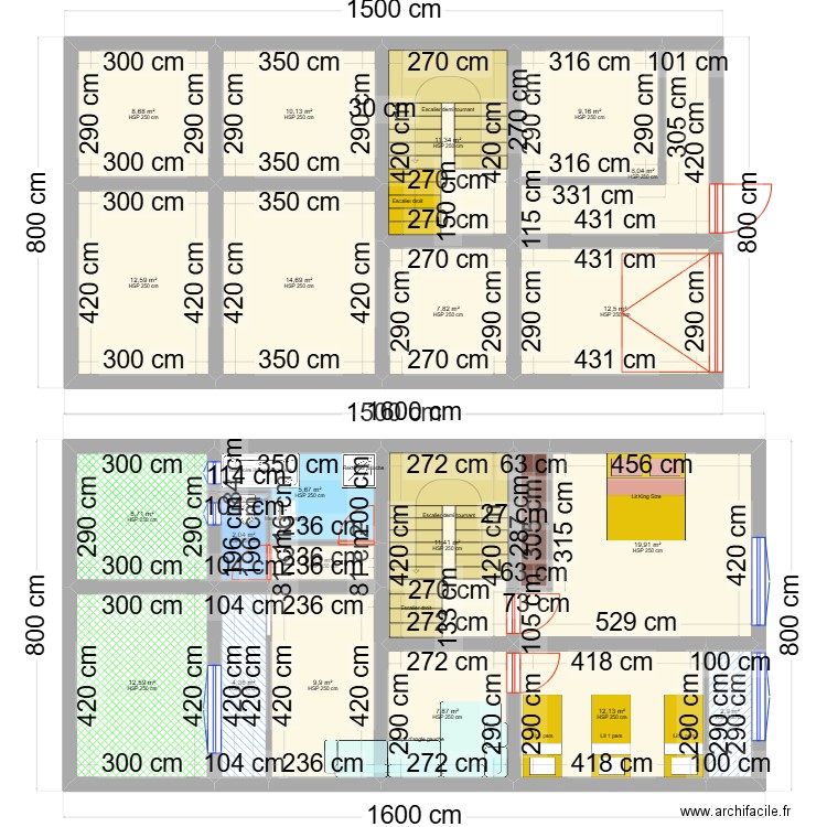 1 ER SS. Plan de 22 pièces et 196 m2