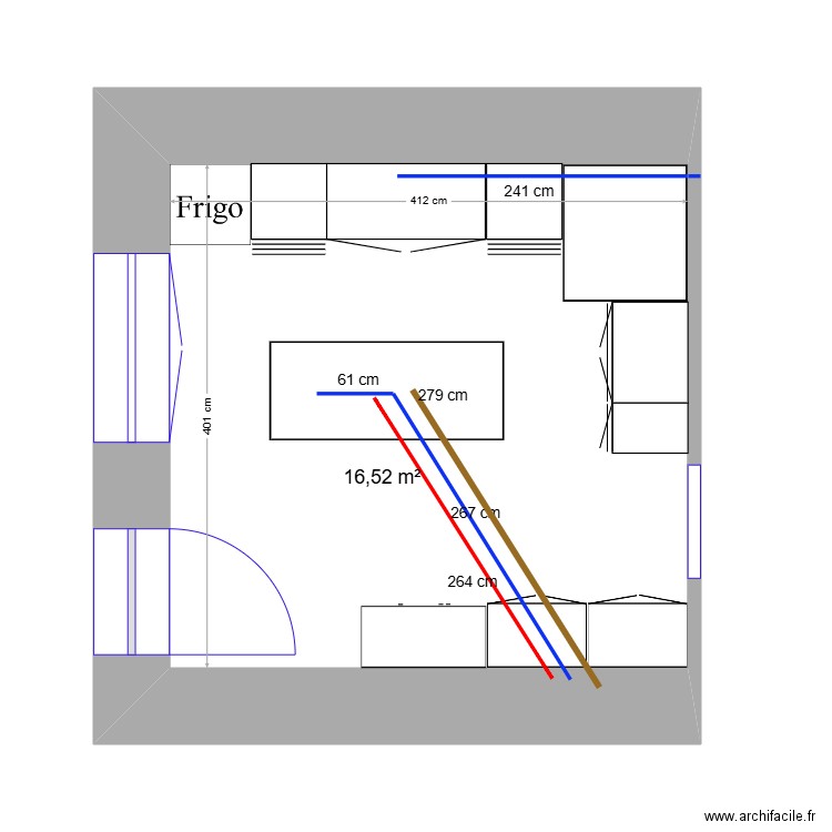 plomberie cuisine. Plan de 1 pièce et 17 m2