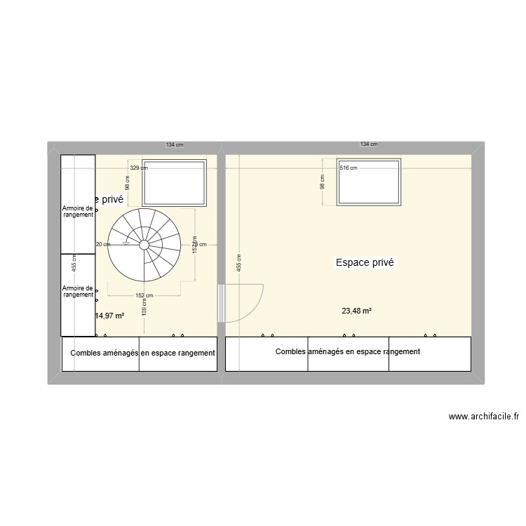 étage annexe. Plan de 2 pièces et 38 m2