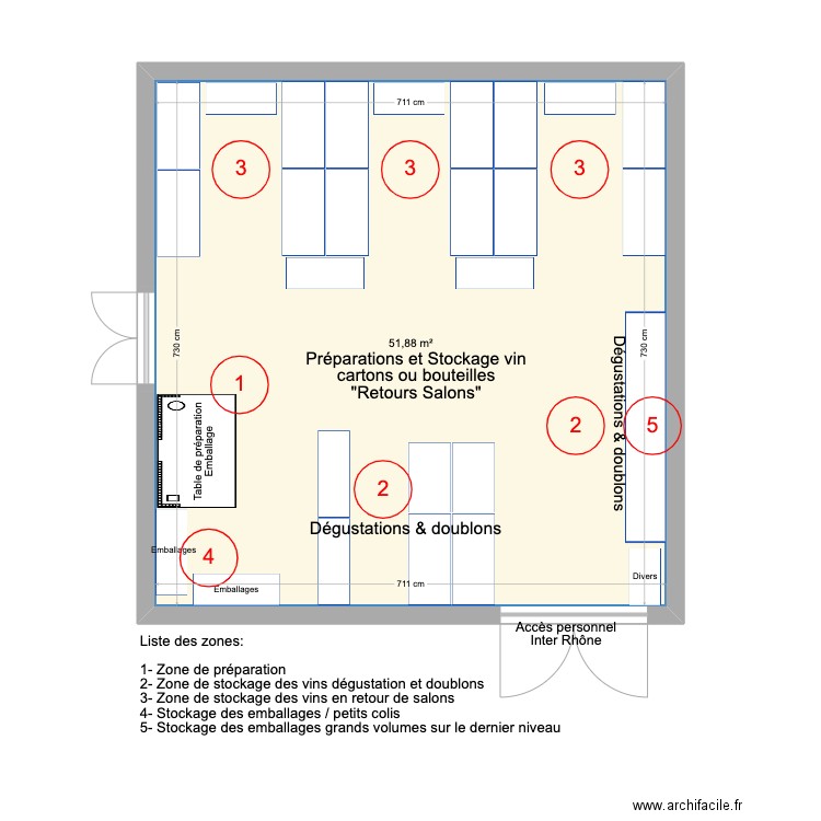 Zone B. Plan de 1 pièce et 52 m2