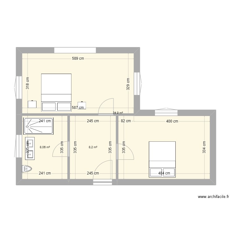 1er étage_étape 2_sanitaires a l'est. Plan de 3 pièces et 51 m2