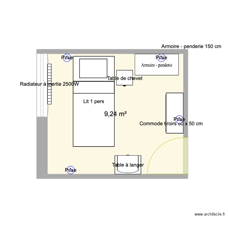 Chambre Madeleine 4. Plan de 1 pièce et 9 m2