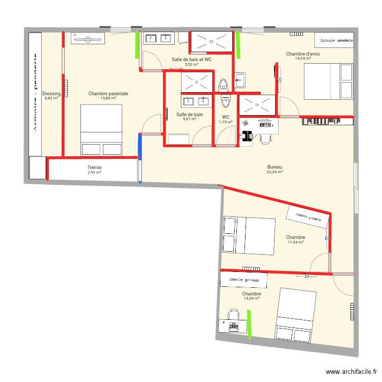 etage . Plan de 10 pièces et 99 m2