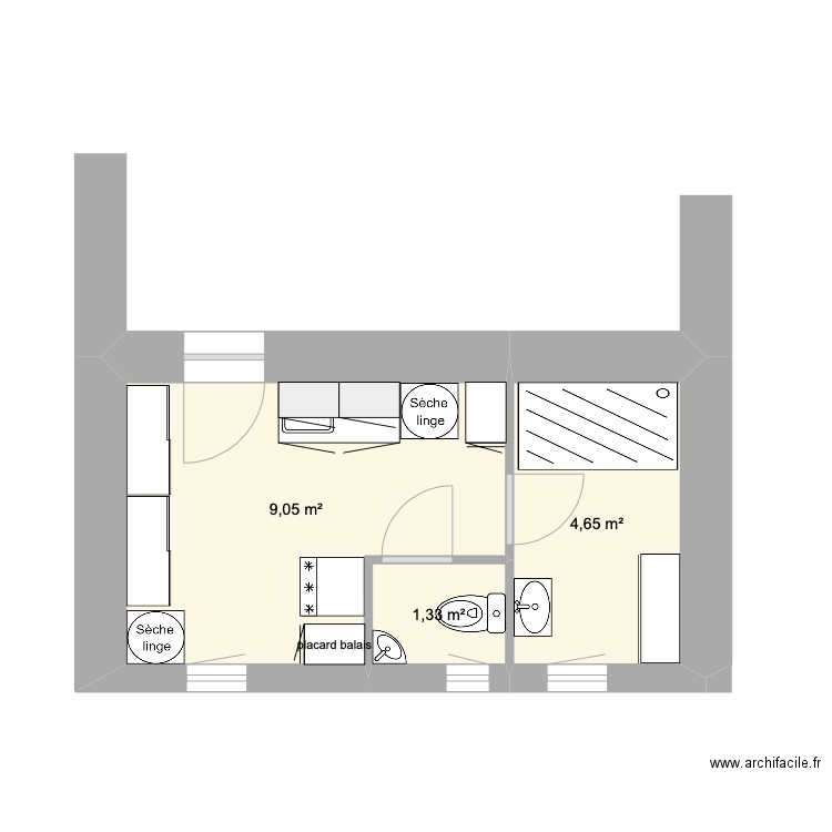 arrière cuisine salle de bain WC. Plan de 3 pièces et 15 m2