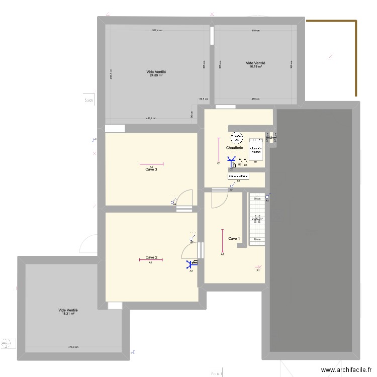 Cave 3. Plan de 19 pièces et 344 m2