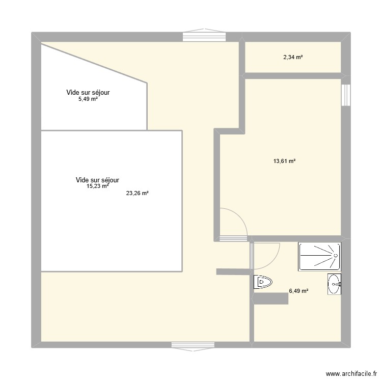 étage mezzanine. Plan de 6 pièces et 87 m2