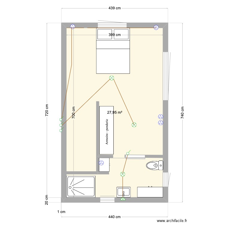 RDC tan Rouge plomberie. Plan de 1 pièce et 28 m2