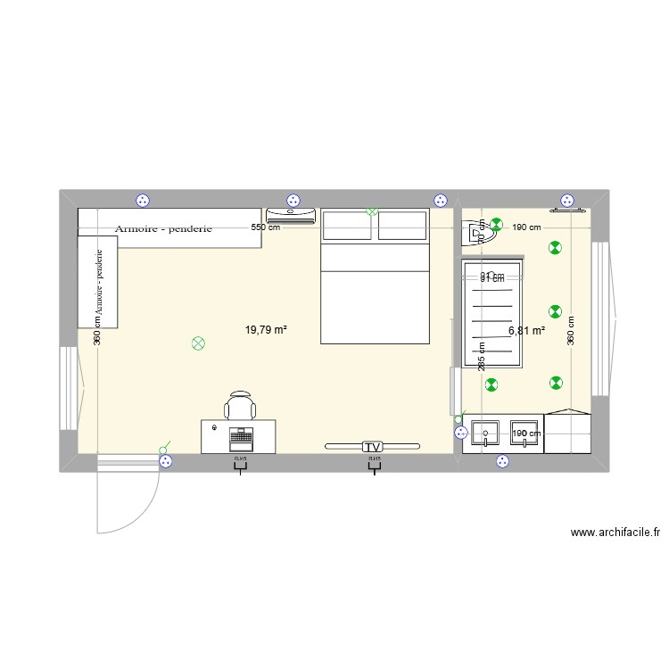 Chambre parentale. Plan de 2 pièces et 27 m2