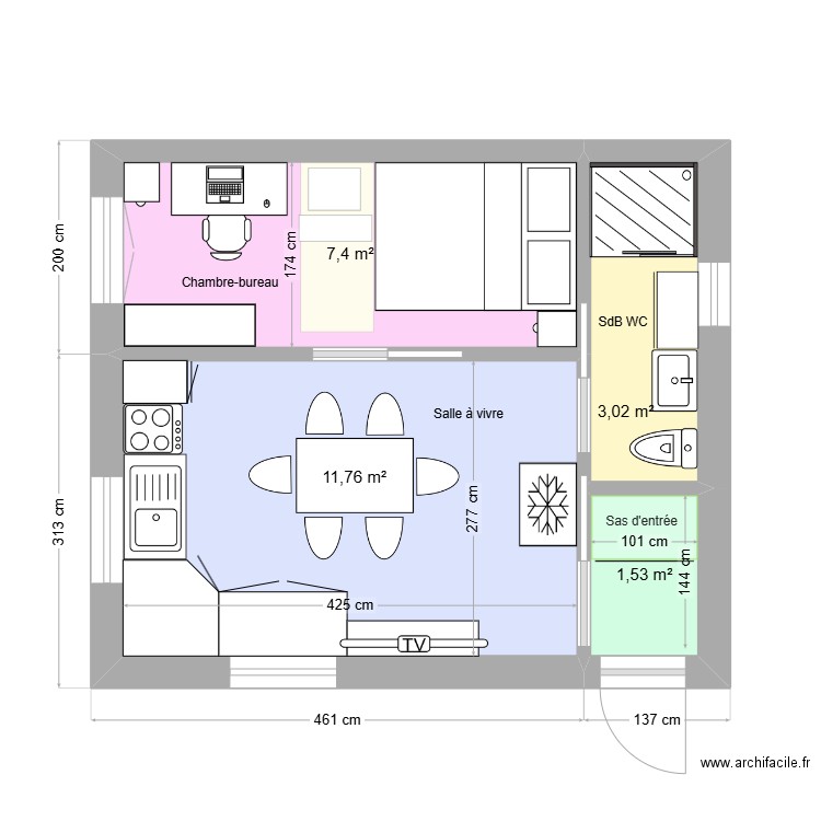 Maison 25m² 02. Plan de 4 pièces et 24 m2