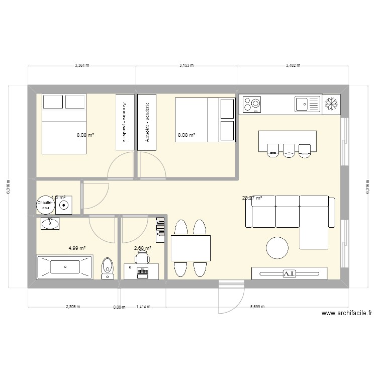 maison 55m. Plan de 6 pièces et 54 m2